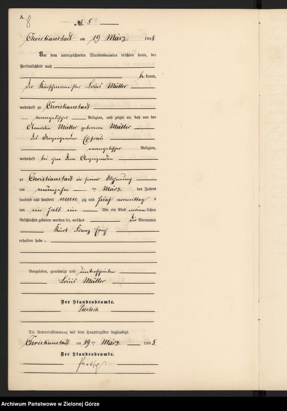 Obraz 11 z jednostki "Geburts-Neben-Register im Standes-Amt Christianstadt Kreis Sorau 1895"