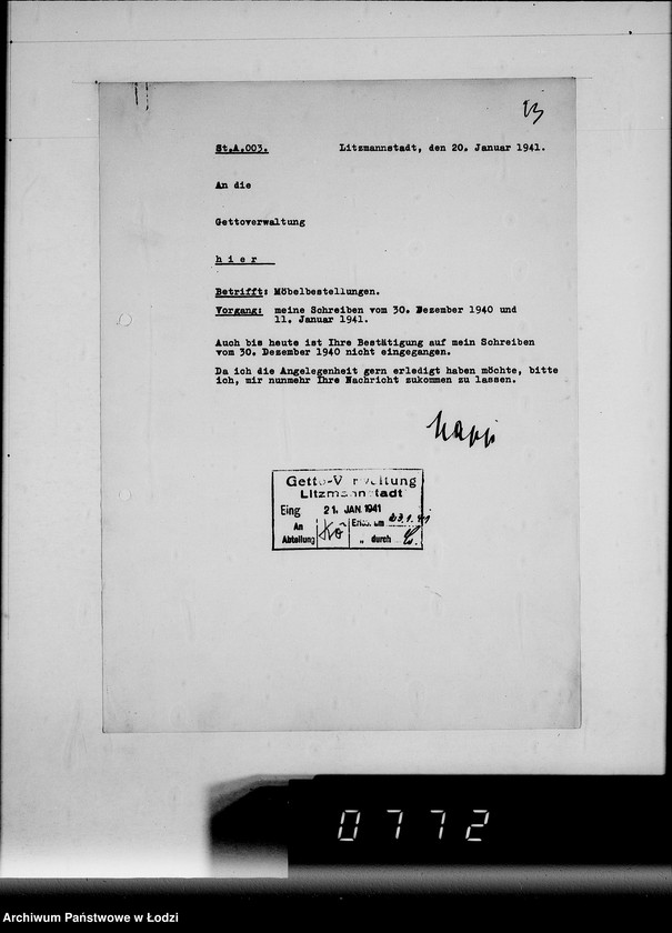 Obraz 17 z jednostki "Ausgelieferte und bezahlte Kommisionen Konto 1-6. [Wnioski na meble biurowe w zakładzie Getta w Łodzi]"