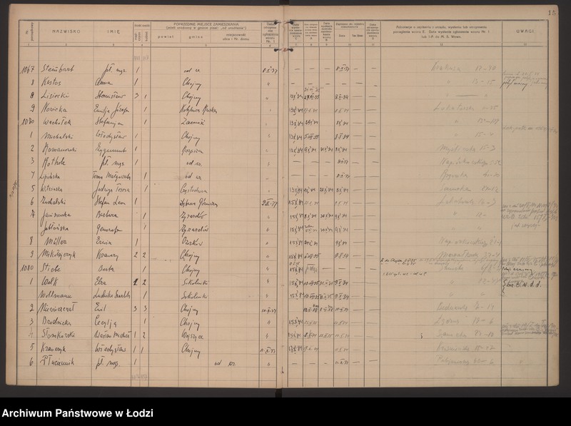 Obraz 18 z jednostki "Księga kontroli ruchu ludności (rejestr osób przybywających do gminy) Łódź, komisariat XIII, nr 1-1466, nr 1-1559"