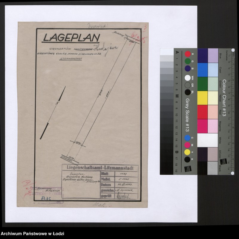 Obraz 1 z jednostki "Lageplan Grundstück Hantelweg Eigentümer Kudlicz Johann Diskusweg Nr 33 Litzmannstadt"
