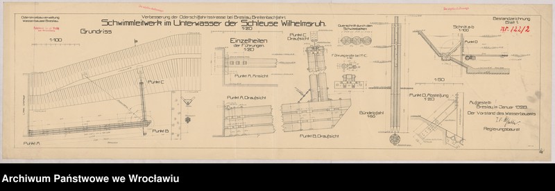 Obraz 1 z jednostki "Verbesserung der Oderschiffahrtsstraße bei Breslau, Breitenbachfahrt. Schimmleitwerk im Unterwasser der Schleuse Wilhelmsruh"