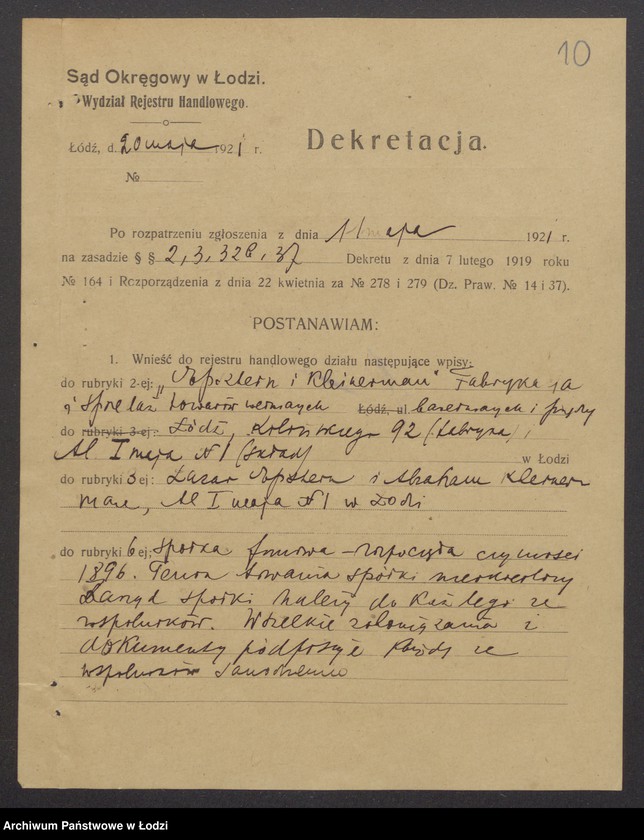 Obraz 12 z jednostki "Lazar Epstein, Abram Kleinerman- fabrykacja i sprzedaż towarów wełnianych i bawełnianych oraz przędzy"