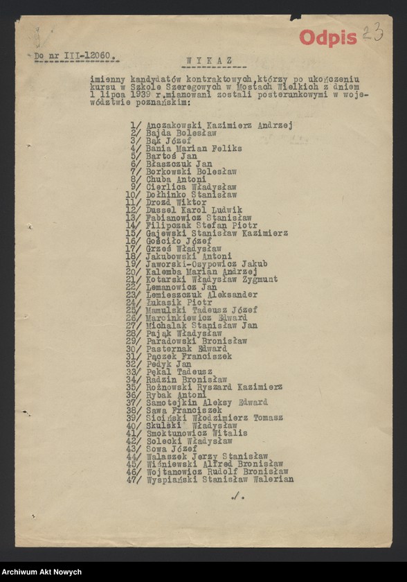 image.from.unit.number "Przydziały nowomianowanych posterunkowych Policji Państwowej w województwie poznańskim. Dekrety mianowania, wykaz, korespondencja."