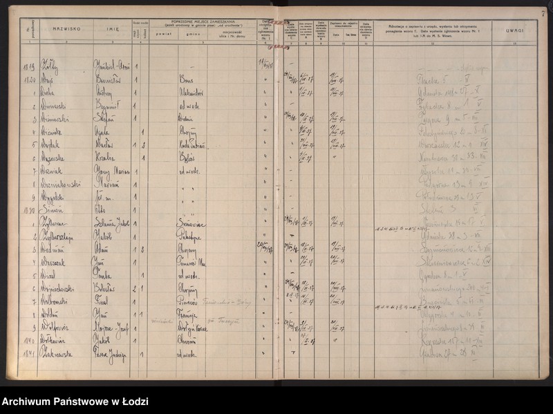 Obraz 10 z jednostki "Księga kontroli ruchu ludności (rejestr osób przybywających do gminy) Łódź, zespół VIII, lit. U, W, Z, Ż"