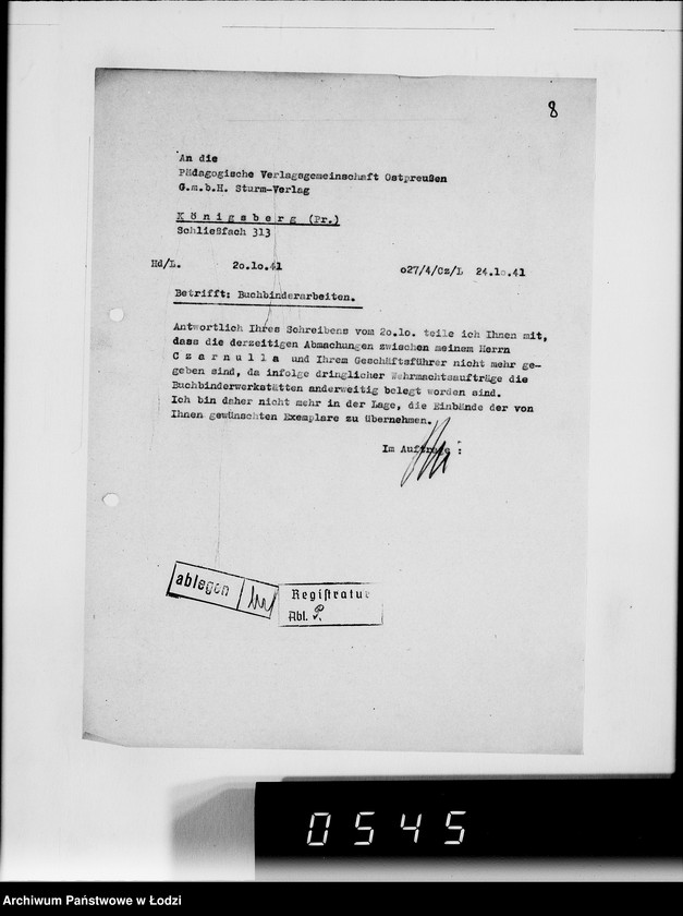 Obraz 12 z jednostki "[Korespondencja z urzędami, instytucjami i firmami] Lit.Pa-Qu"