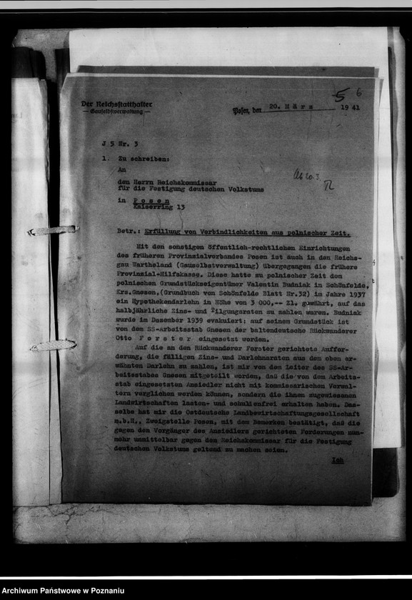 Obraz 10 z jednostki "Forderung gegen den Reichskommisar für die Fertigung deutschen Volkstums [Grundstück Schönfelde, Kreis Gnesen Bl. Nr.32]."