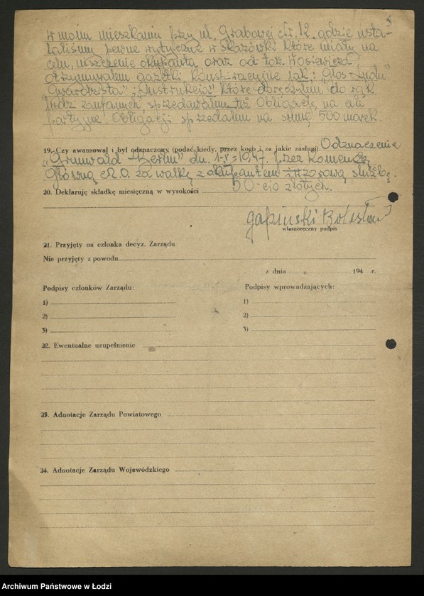 Obraz 9 z jednostki "Związek Uczestników Walki Zbrojnej o Niepodległość i Demokrację; deklaracje [członkowskie], wnioski odznaczeniowe"