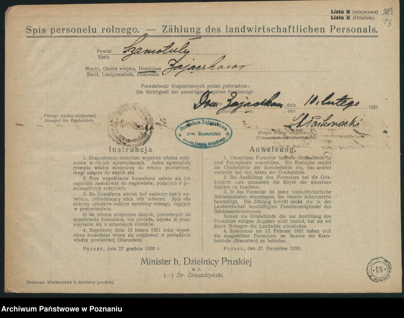 Obraz 17 z jednostki "[Spis personelu rolnego zatrudnionego w powiecie szamotulskim - wykazy zatrudnionych w poszczególnych gospodarstwach rolnych]"