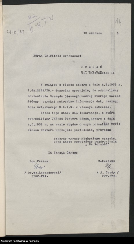 Obraz 18 z jednostki "Koło Obwodowej Komendy Transportu Wojskowego - Poznań korespondencja [Obwodowa Komenda Transportów Wojskowych]"