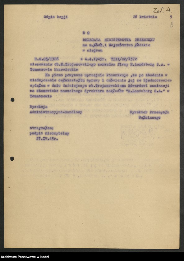 Obraz 10 z jednostki "Materiały dotyczące fabryki "H. Landsberg" - Państwowe Zakłady Wełniane Tomaszów Mazowiecki"