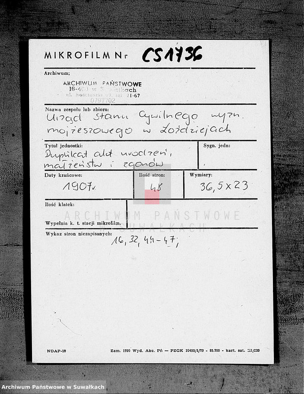 image.from.unit.number "Kopia s unikata aktov graždanskogo sostojanija o rodivšichsja, brakosoetavšichsja i umeršich po Lozdzejskomu božničnomu okrugu za 1907 god"