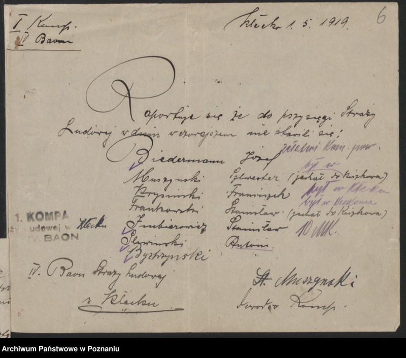 Obraz 10 z jednostki "Kampania Straży Ludowej w Kłecku IV Baon [Raporty]"