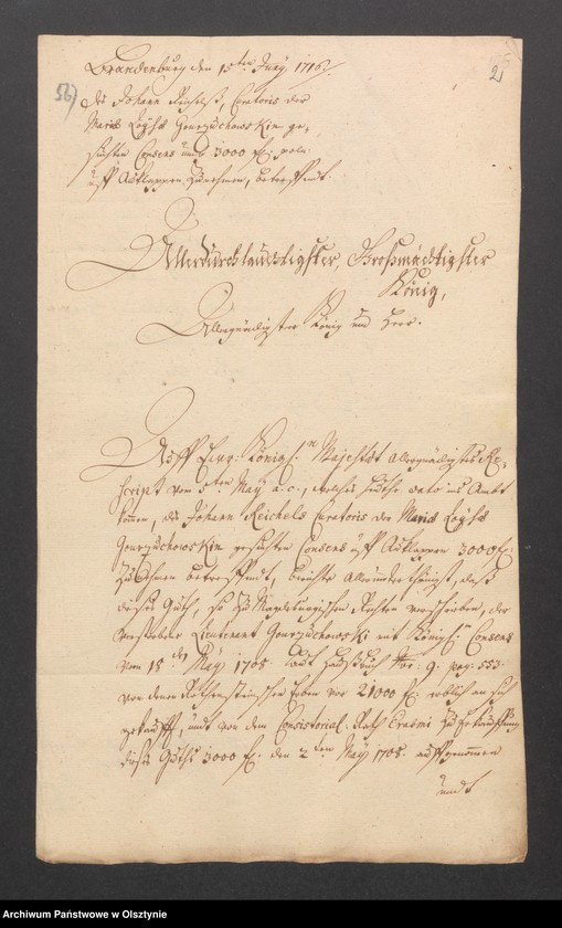image.from.unit.number "Auklappen, H. [Haupt] A. [Amt] Brandenburg. Acta ein Anlehen von 3000 fl. [Floren] pol. [polnische]. Acta die Verpfändung durch die verw. [verwitwe] Lieutnant Mar. [Maria] Louise Gorzuchowski an den Kaufmann u. [und] Mälzenbräuer Mich. [ Michael] Gerwien"
