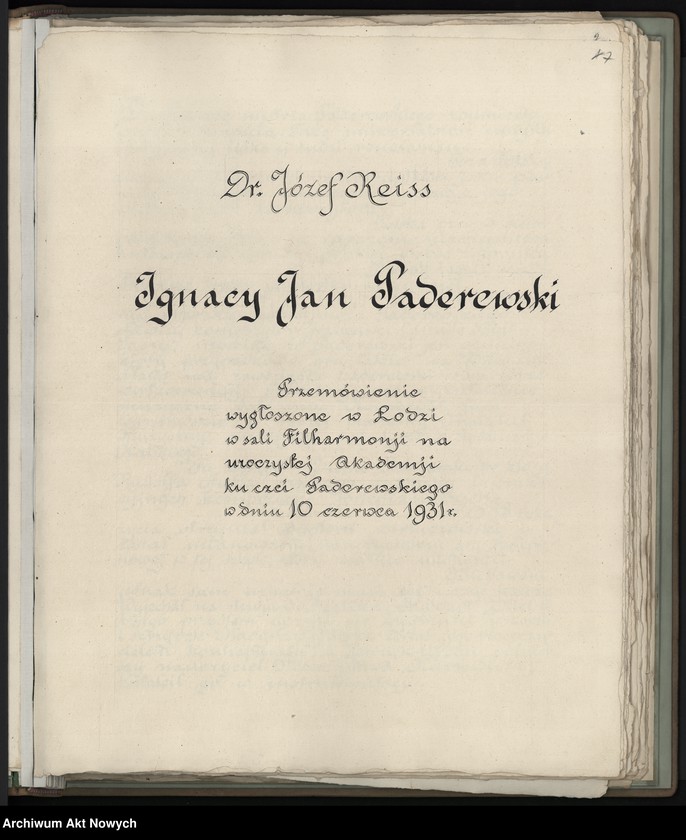 image.from.unit.number ""LXX Ignacemu Paderewskiemu - Łodzianie". Album pamiątkowy, oprawny w skórę, strona tytułowa obita srebrem"