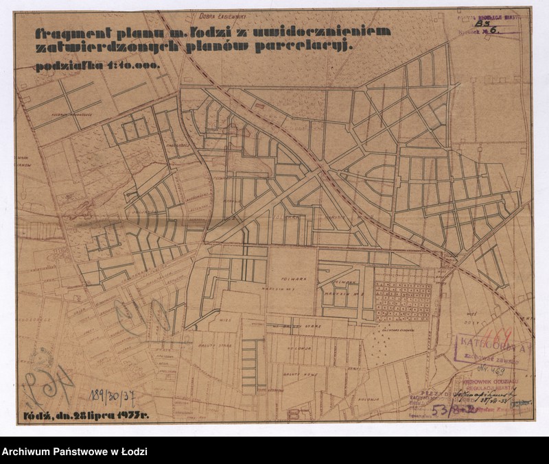 Obraz 3 z jednostki "Fragment planu m. Łodzi z uwidocznieniem zatwierdzonych planów parcelacyjnych"
