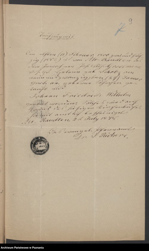 Obraz 11 z jednostki "Die von den Verlobten beigebrachten Urkunden zur Eheschliessung pro 1878"