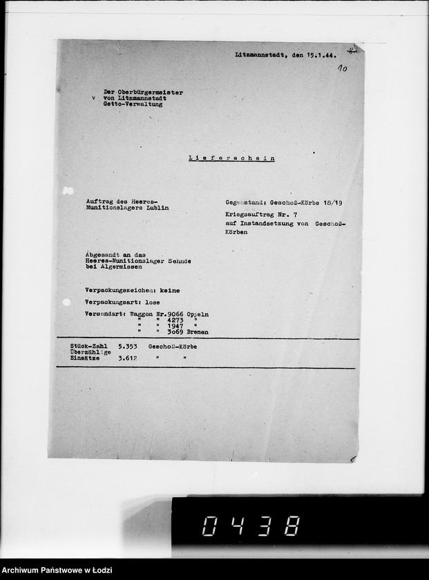 Obraz 16 z jednostki "Auftrag 5934. Warenverwertung an den Judenältesten für Munitionslager Lublin. Geschosskörbe"