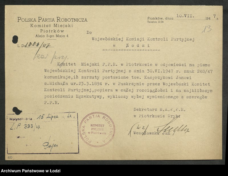 Obraz 14 z jednostki "Korespondencja z komitetami powiatowymi i miejskimi od P do Z"