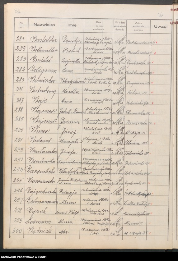 Obraz 18 z jednostki "Ewidencja dowodów osobistych wydanych przez Zarząd Miejski w Łodzi, zespół nr 8 [- nazwiska na litery] U, W, Z, Ż"