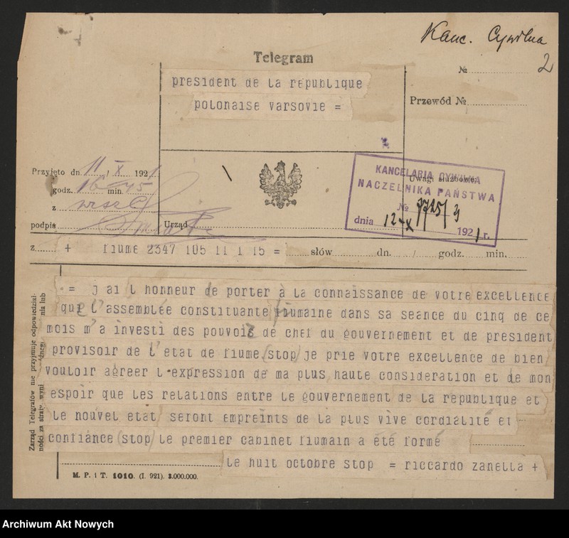 image.from.unit.number "Fiume (telegram notyfikacyjny prezydenta R. Zanella i odpowiedź J.Piłsudskiego)"
