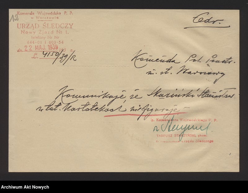 image.from.unit.number "Przyjęcie do służby w Policji Państwowej Stanisława Skuzińskiego. Korespondencja."