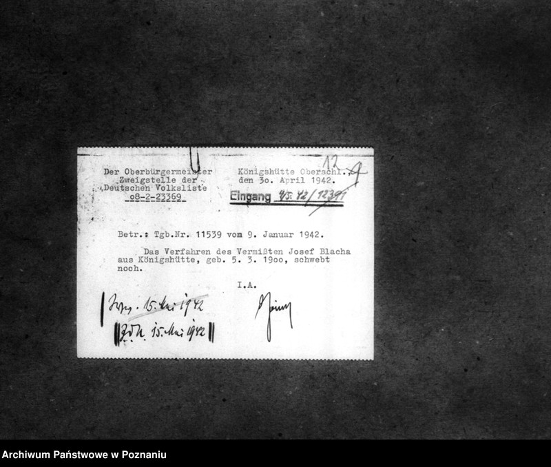 Obraz 16 z jednostki "Korespondencja w sprawie miejscowych Niemców, którzy zginęli w 1939 roku oraz donos Niemca B. Reymanna z powiatu wałeckiego na jego sąsiada, Niemca Breitinga o sprzyjanie Polakom"