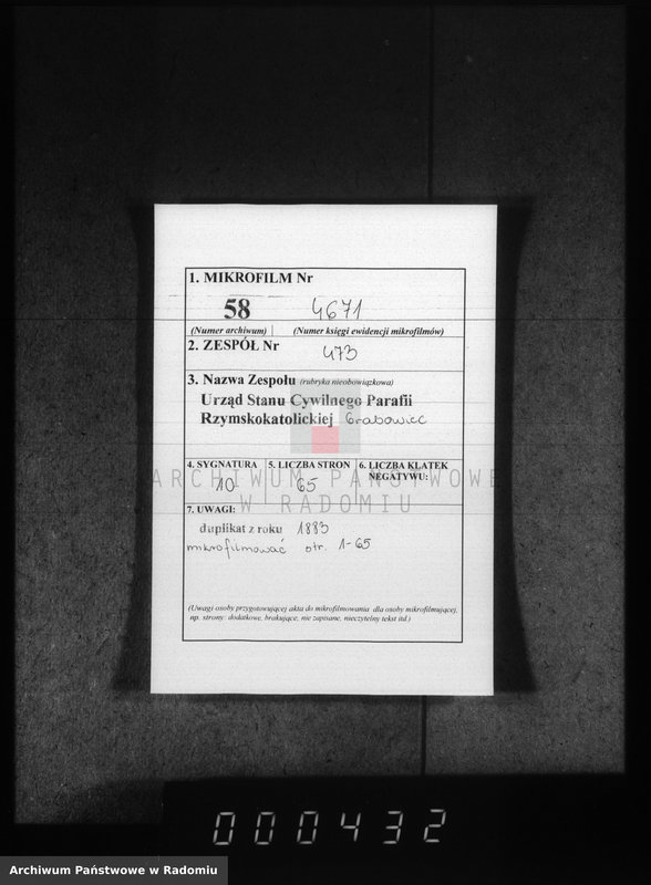 image.from.unit.number "[Duplikat akt urodzonych, zaślubionych i zmarłych parafii Grabowiec za 1883 r.]"