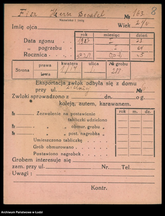 Obraz 9 z jednostki "Kartoteka osób pochowanych na cmentarzu żydowskim przy ulicy Brackiej w latach 1892-1957. Nazwiska na litery: Fisz-For"