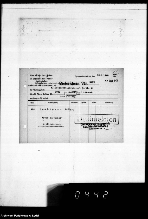 image.from.unit.number "[Dowody dostawy umundurowania dla] Heeresbekleidungsamt Berlin II"