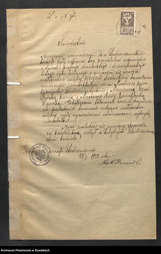 image.from.unit.number "[Dokumenty do akt małżeństw parafii rzymskokatolickiej w Wigrach z 1922 roku]"