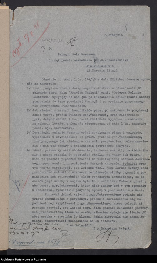 Obraz 4 z jednostki "Korespondencja Zarządu Głównego Związku Powstańców Wielkopolskich."