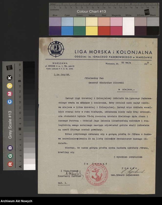 image.from.unit.number "Liga Morska i Kolonialna - Oddział im. Ignacego Paderewskiego w Warszawie. Prośba o zgodę na wpisanie W. Sikorskiego na listę honorowych członków."