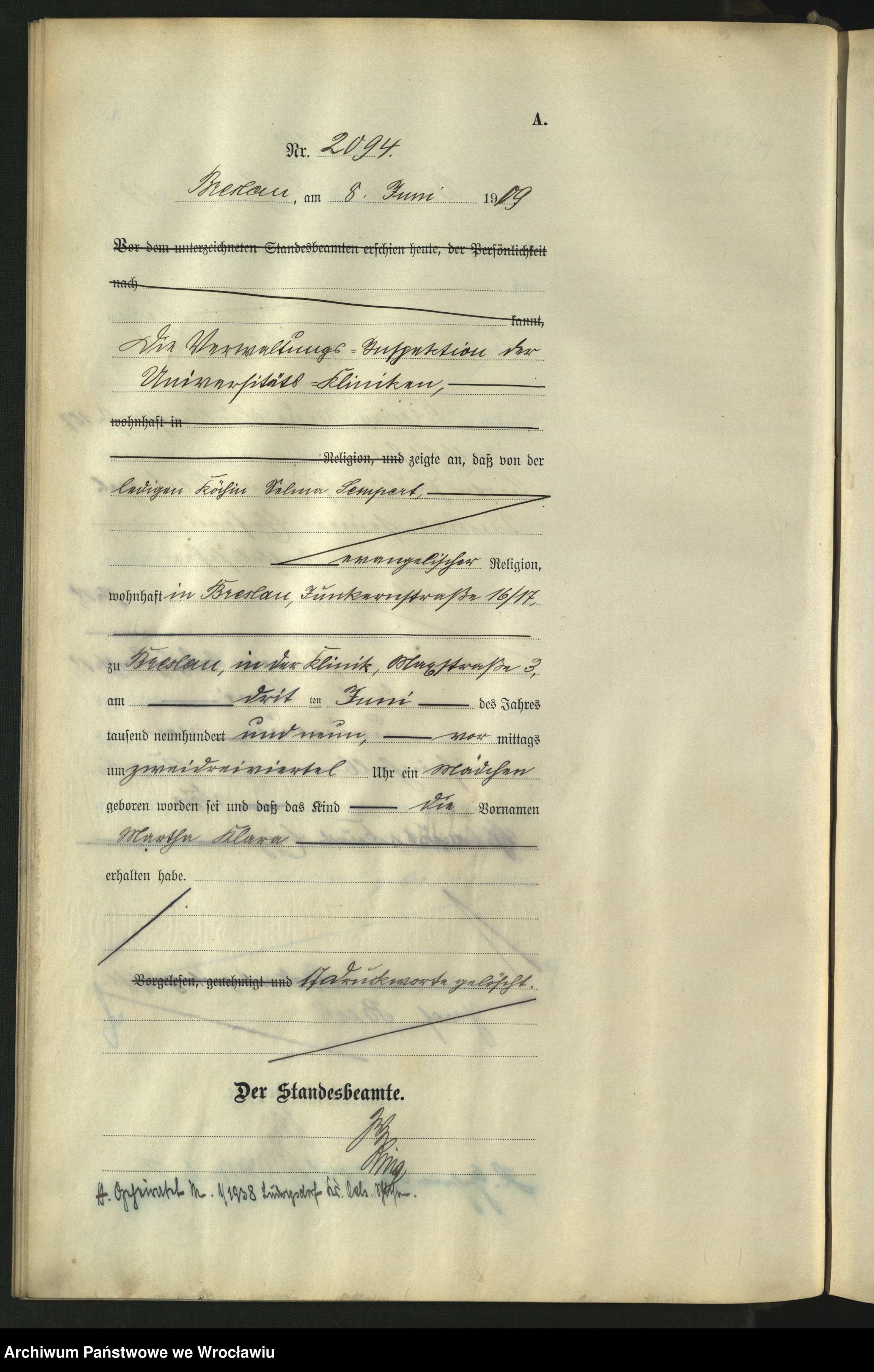 Skan z jednostki: Księga urodzeń Wrocław III 1909 t.6