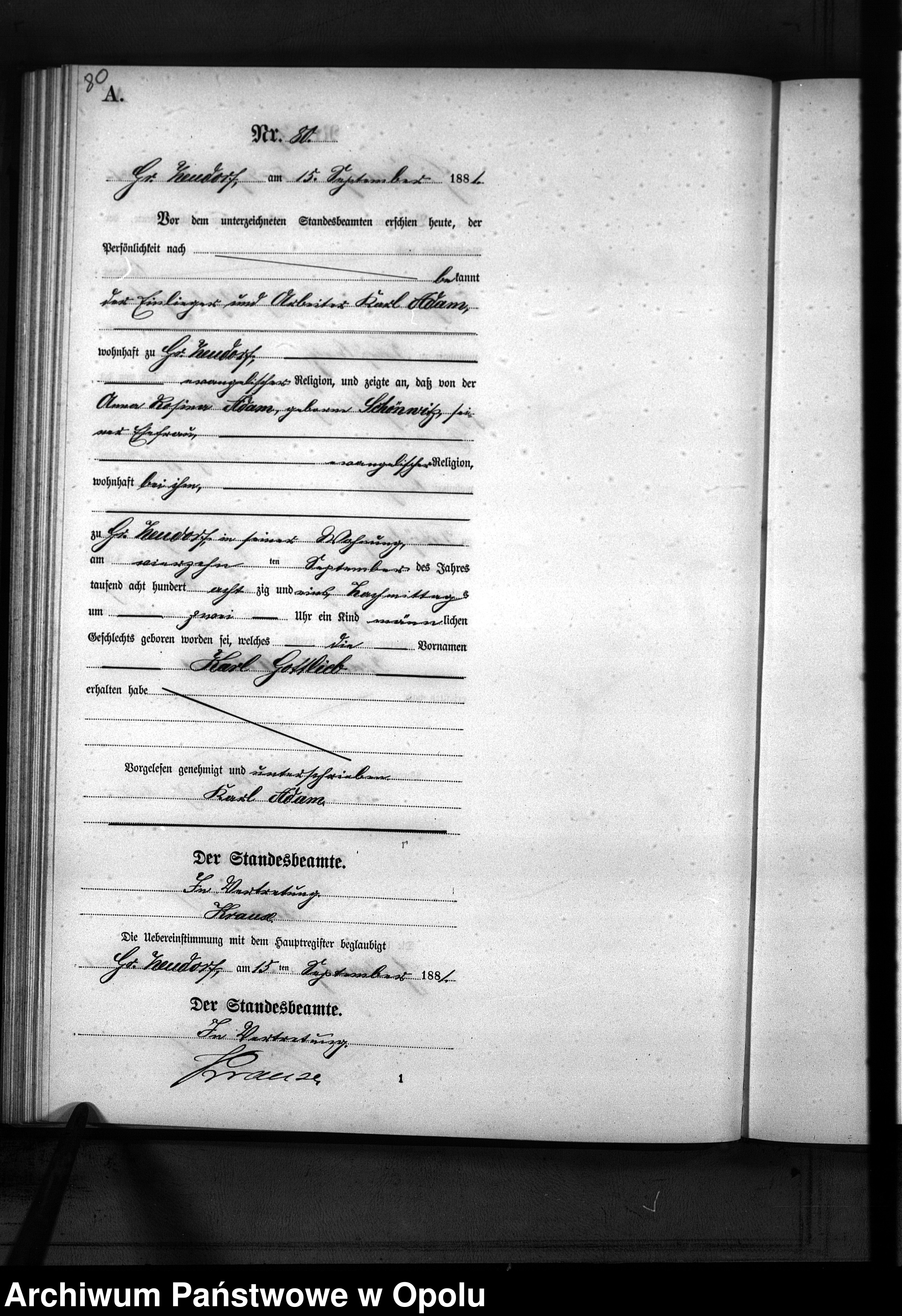 Skan z jednostki: Geburts-Neben-Register Standes-Amt Gross Neudorf 1881