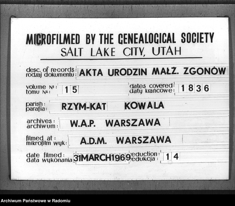 Obraz 1 z jednostki "Dupplikat Aktów Religiyno- Cywilnych Urodzenia, Zaślubienia i Zeyścia parafii Kowali Stępociny Roku 1836"