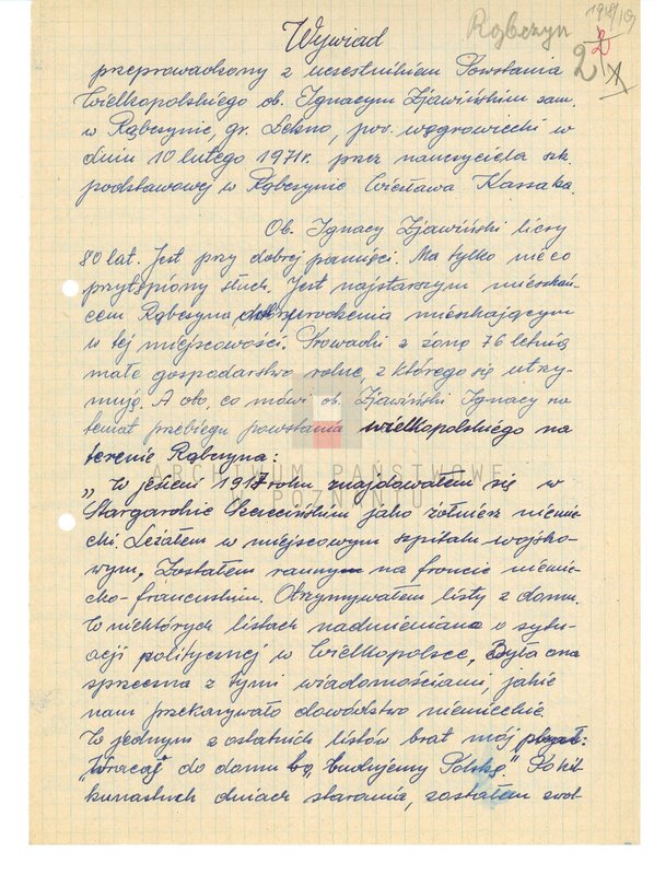 Obraz 8 z jednostki "Relacje i wspomnienia dotyczące powstania wielkopolskiego: 1. Rąbczyn, powiat Wągrowiec, województwo poznańskie, 2. Rogoźno, powiat Oborniki, województwo poznańskie, 3. Romanowo, powiat Czarnków, województwo poznańskie, 4. Roszki, powiat Krotoszyn, województwo poznańskie."