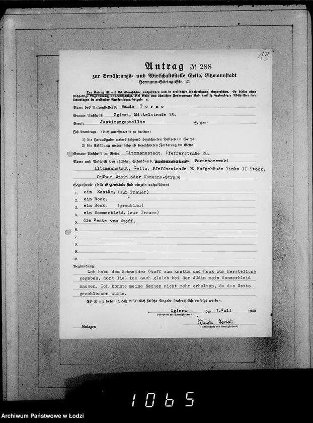 Obraz 17 z jednostki "286-320 [Wnioski ludności nieżydowskiej wysiedlonej z Getta o zwrot rzeczy pozostawionych w dawnym miejscu zamieszkania]"