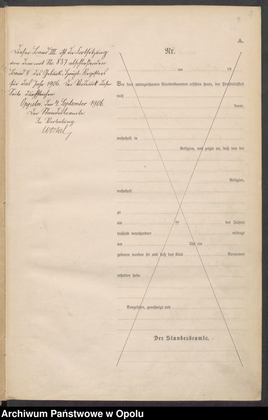 Obraz 5 z jednostki "Urząd Stanu Cywilnego w Opolu 1906 Rejestr Urodzeń miejscowa Nr 838 do 1264"