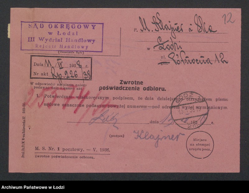 image.from.unit.number "Moszek Klajner, Estera Gerszt, Zelig Gerszt- sprzedaż przędzy"