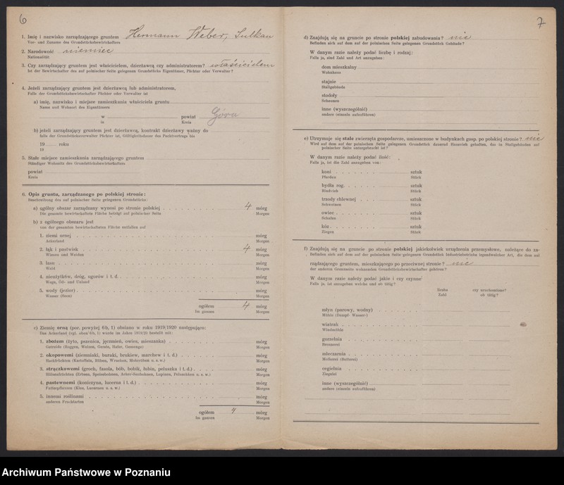 Obraz 7 z jednostki "[Kwestionariusze dotyczące stwierdzenia gruntów znajdujących się po polskiej stronie pogranicza a zarządzanych przez zamieszkałych po stronie niemieckiej] powiat leszczyński"