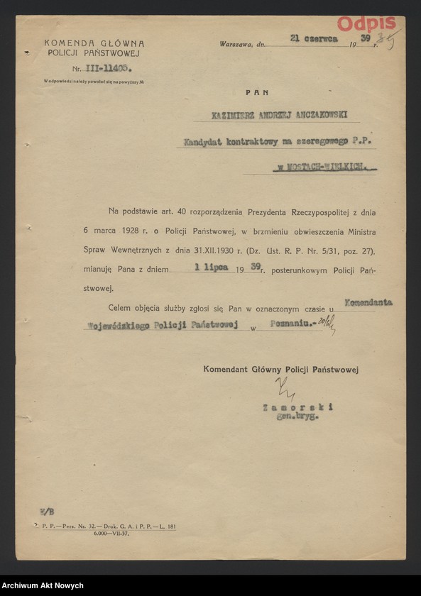 image.from.unit.number "Przydziały nowomianowanych posterunkowych Policji Państwowej w województwie poznańskim. Dekrety mianowania, wykaz, korespondencja."
