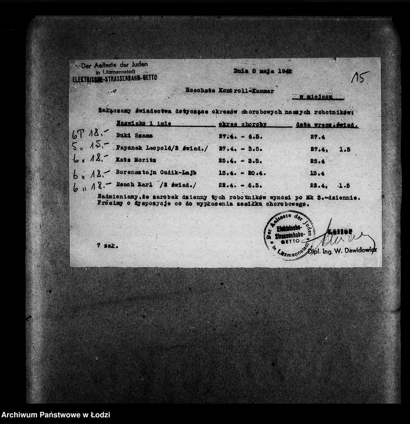 Obraz 18 z jednostki "Elektrische Strassenbahn [Zasiłki chorobowe dla pracowników wydziału, zaświadczenia lekarskie, listy pracowników]"