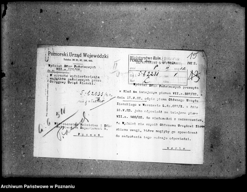 Obraz 19 z jednostki "Sprawy Domen majątki przekazane min. Rolnictwa i Dób Państw. przez Okręgowy Urząd Ziemski"