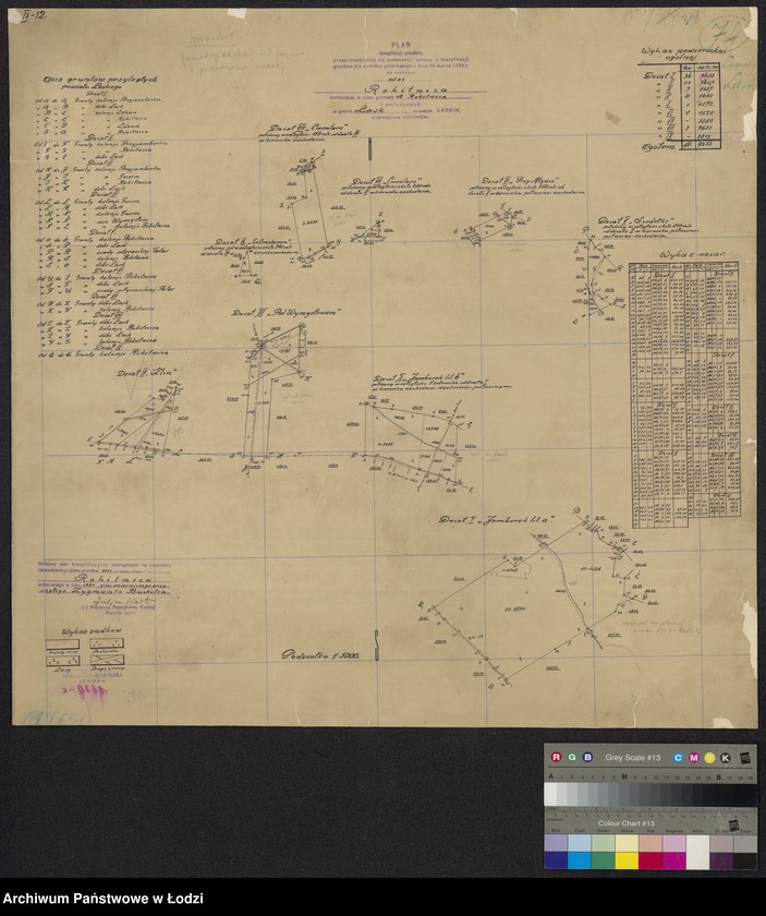 Obraz 1 z jednostki "Plan klasyfikacji gruntów przeprowadzonej na podstawie ustawy o klasyfikacji gruntów dla podatku gruntowego z dnia 26 III 1935 na obszarze wsi Rokitnica wchodzącej w skład gromady 12 Rokitnica i położonych w gminie Łask, powiecie łaskim"