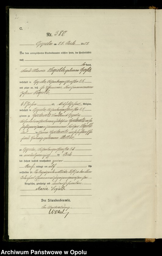 Obraz 5 z jednostki "Urząd Stanu Cywilnego w Opolu 1902 Rejestr zgonów Księga Miejscowa Nr 378 do 633"