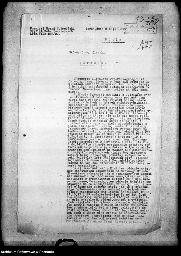 Obraz 17 z jednostki "Sprawy Domen majątki przekazane min. Rolnictwa i Dób Państw. przez Okręgowy Urząd Ziemski"