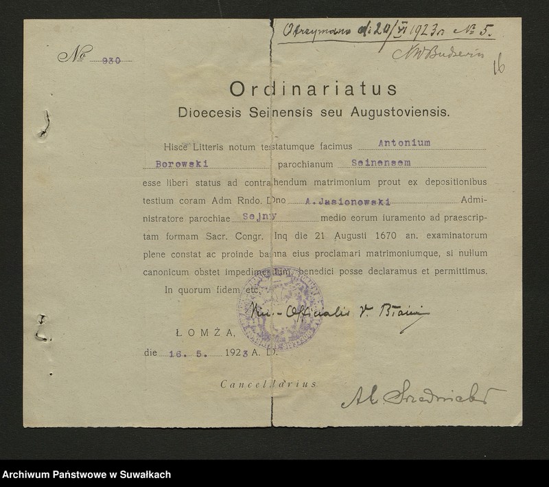 image.from.unit.number "Dokumenty Zaślubionych Smolańskiej parafii z 1922-1923 r."