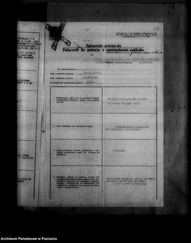 image.from.unit.number "Zatwierdzenie zakładu przemysłowego /gorzelni/ w maj. Gostkowo własność W. Bitter"