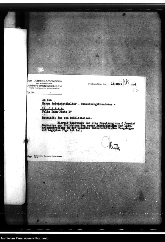 Obraz 19 z jednostki "Bau von Behelfsheimen in Dobberschütz (Dobrzyca). Baracken"