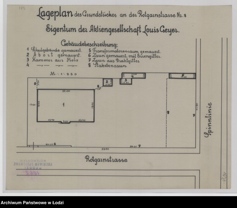 Obraz 1 z jednostki "Lageplan des Grundstückes an der Rotgarnstraße Nr 8. Eigentum der Aktiengesellschaft Louis Geyer"